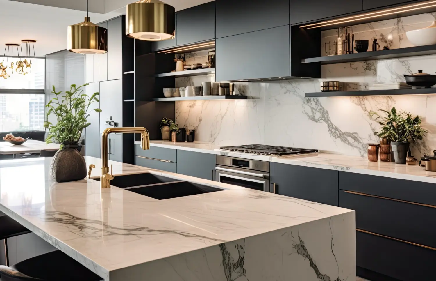 Bespoke kitchen with a large marble-topped island