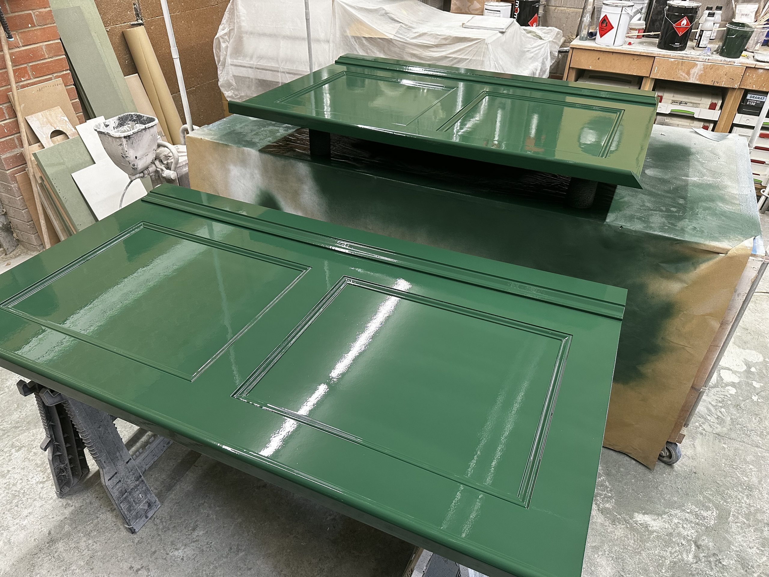 Green marble vanity worktops prepared for a bathroom renovation in Bury St Edmunds